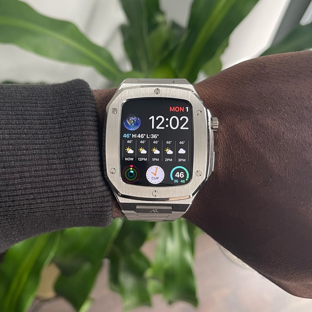 Silver Apple Watch stainless steel Luxury case fits 44mm Series 4, 5, 6, and SE